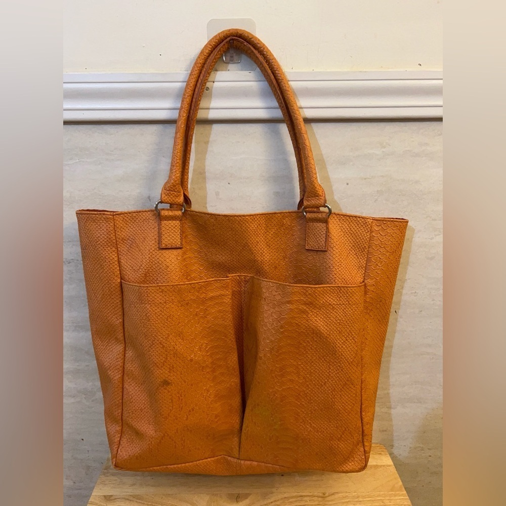 Neiman Marcus orange faux snakeskin embossed leather tote bag